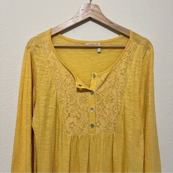 LOGO Lori Goldstein Lace Tunic Top Womens Size S 3/4 Sleeves Stretch Yellow - Picture 3 of 5
